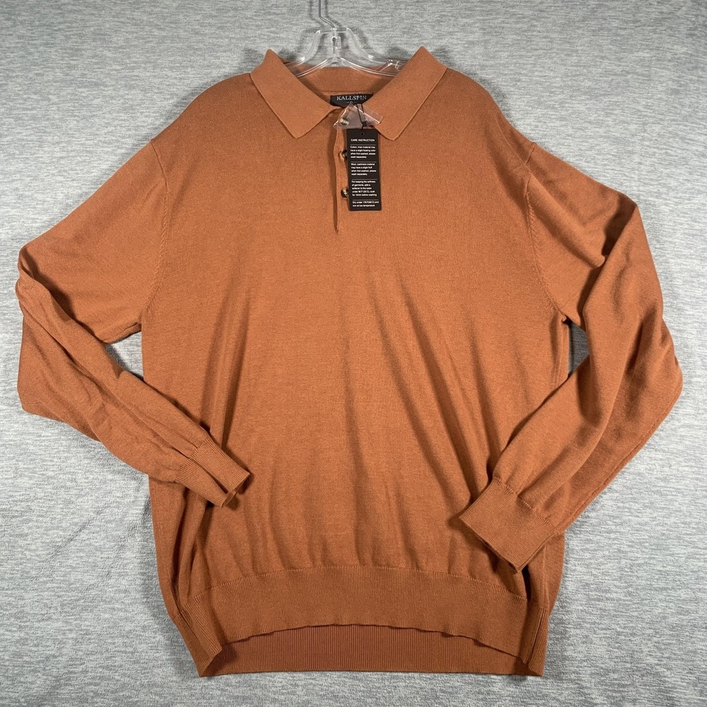 Kallspin Sweater Mens XL Brown 100% Cotton Collared Polo‎ Knit Long Sleeve